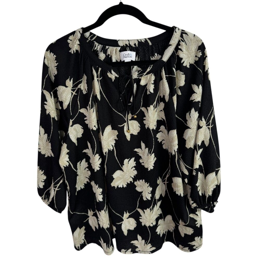 Croft & Barrow Women's Blouse Top Size 1X Black/Beige Floral Print 3/4 Sleeves